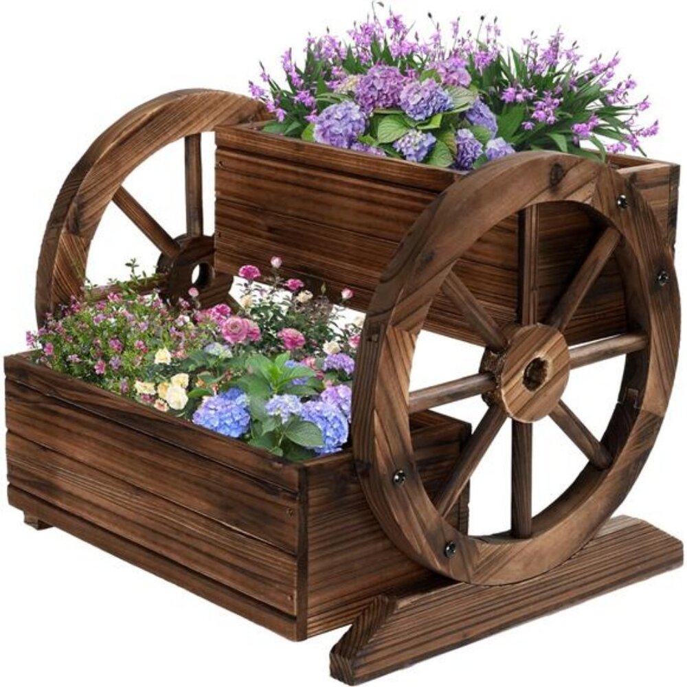 Wooden Wagon Planter Box, Garden Planter with Wheels, Decorative Planter